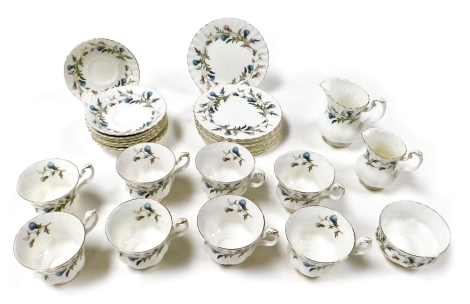 A Royal Albert Brigadoon pattern porcelain part tea service, comprising cream and milk jugs, nine teacups, eight saucers and tea plates.