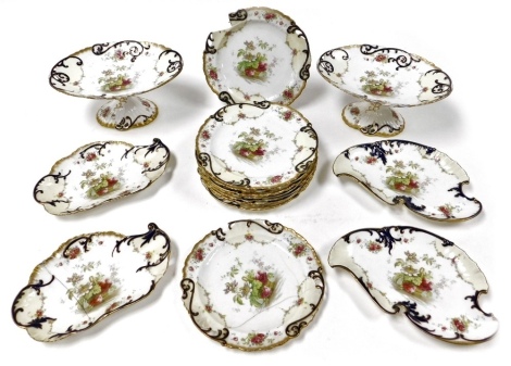 A late 19thC Bisto porcelain dessert service, printed with baskets of flowers, roses and foliate scrolls, gilt heightened, comprising a pair of tazza, four shaped dishes and ten plates. (AF)