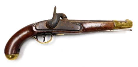 A 19thC percussion pistol, with steel barrel, brass guard, handle cap and barrel mount, 42cm wide.