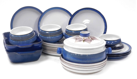 A Denby Chatsworth pattern pottery part dinner service, comprising tureen and cover, seven oval plates, four circular plates, and seven dishes, together with two Imperial Blue vegetable dishes, six dinner plates and two saucers. (AF)