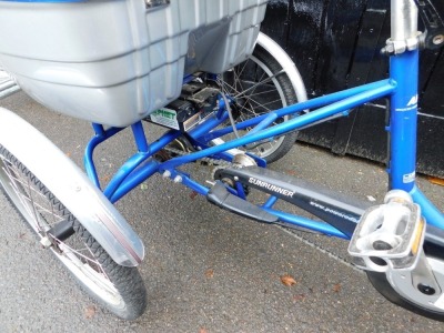 A Sunrunner lady's electric tricycle, blue framed with back pack. - 2