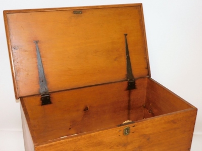 A 19thC pine mule chest, with cast iron hinges, having two frieze drawers, raised on bracket feet, later raised on castors, 70cm high, 89cm wide, 49cm deep. - 2