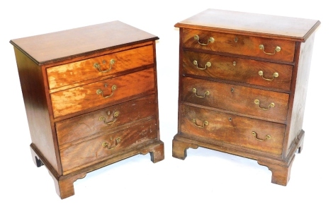 A near pair of 19thC mahogany small chests, each with four drawers raised on bracket feet, 75.5cm high, 64cm wide x 46cm deep and 80cm high, 67cm wide, 44.5cm deep. (2)