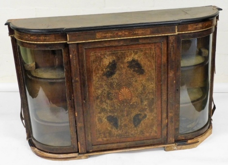 A Victorian walnut and burr walnut credenza, the break front top with a moulded edge above a marquetry frieze with gilt metal detailing and a panelled door, with acanthus leaf inlay, flanked by two curbed glazed doors on a plinth, AF, 97cm high, 153cm wid