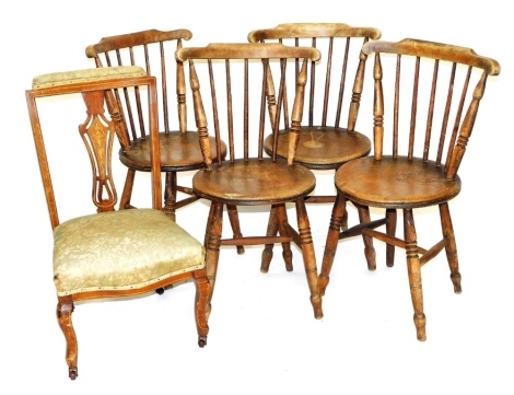 A late Victorian mahogany and inlaid nursing chair, together with four oak and elm stick back kitchen chairs. (5)