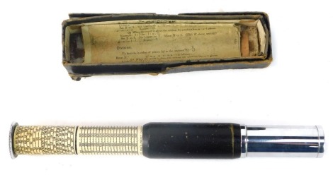 An Otis Kings Pocket Calculator, scale 430, with chrome ends and a black painted metal slide case, in original box with associated paperwork, 16cm long.