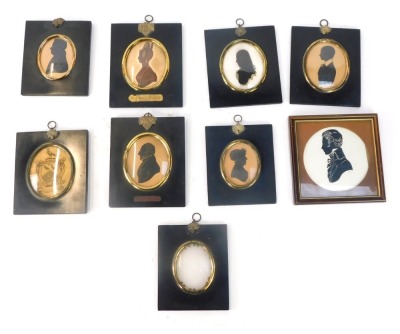 Seven 19thC and later portrait silhouette miniatures, each depicting a silhouette of a figure in ebonised frame with grape vine hanging clasp, one entitled Captain Hartleton, Rosamund Charlton, others unmarked, and a painted crest. (8, AF)