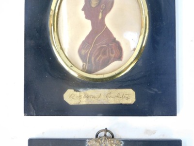 Seven 19thC and later portrait silhouette miniatures, each depicting a silhouette of a figure in ebonised frame with grape vine hanging clasp, one entitled Captain Hartleton, Rosamund Charlton, others unmarked, and a painted crest. (8, AF) - 3