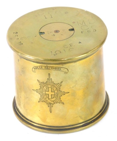 Trench Art. A shell case converted to storage jar, with two shell case bases, one numbered 26816, dated 1916, and a further example numbered 2516, 1916, 10cm high.