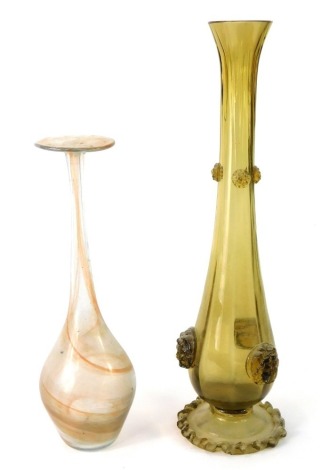 Two 19thC and later art glass vases, comprising a brown stem vase with applied flower and lion mask finials, on a fluted base, 43cm high, and a later white opaque glass and orange twist design bulbous vase, 32cm high. (2)