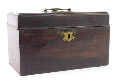 A late 19thC plain rosewood tea caddy, with a brass swing handle and escutcheon, and a three sectional fitted interior, 14cm high, 24cm wide, 13cm deep.