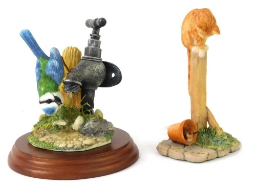 Two Border Fine Arts figure groups, comprising Birds by Russell Willis, blue tit on tap, 484326, 14cm high, and pole cat, 12cm high. (2)