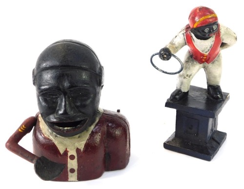 Two cast money boxes, comprising the circus act on plinth, 20cm high, and a feeding arm, 18cm high. (2)