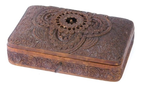 A carved Burmese hardwood dome top box, with a vacant interior, 7cm high, 20cm wide, 13cm deep.