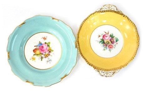 Two cabinet plates, comprising a Cuthbert Gresley painted Royal Crown Derby turquoise boarded and floral cabinet plate, with gilt highlights, 22cm wide, and a Coalport floral spray two handled cabinet plate, signed D Capey, 20cm diameter. (2)