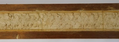 A plaster panel, of five sections depicting Elgin style warriors and horses, in a teak frame, 12cm high, 98cm wide, 11cm deep. (AF) - 2