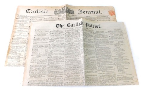 A copy of The Carlisle Patriot, dated August 7th 1874, and a Carlisle Journal April 3rd 1868. (2)