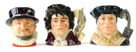 Three Royal Doulton large character jugs, comprising Beethoven D7021, Beefeater D6206, and Sir Thomas Moore D6792. (3)