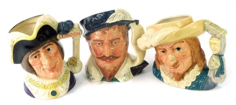 Three large Royal Doulton character jugs, comprising Dick Whittington Lord Mayor of London D6845, Scaramouche D6814, and Sir Francis Drake D6805. (3)