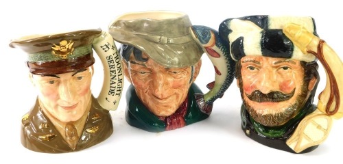 Three large Royal Doulton character jugs, comprising The Poacher D6429, Trapper D6609, and Glenn Miller D6970. (3, AF)