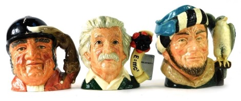 Three large Royal Doulton character jugs, comprising The Falconer D6533, Albert Einstein D7023, and Gone Away D6531. (3)