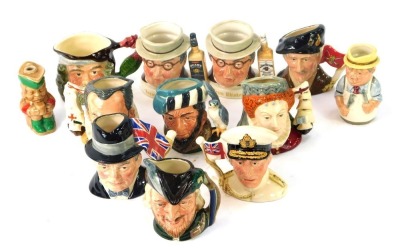 A collection of miniature character jugs, to include Staffordshire, Royal Doulton and others, Staffordshire Neptune, Royal Doulton The Falconer, Viscount Montgomery of Alamein, Earl Mountbatten of Burma, Armada King Philip II of Spain, Robin Hood, Sir Win