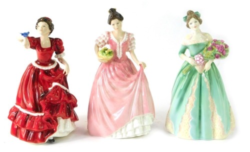 Three Royal Doulton figures, comprising Miss Kay HN3659, Happy Birthday HN3660, and Pauline HN3643, boxed. (3)