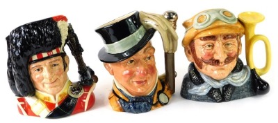 Three large Royal Doulton character jugs, comprising Mr Micawber D7040, Veteran Motorist D6633, and The Piper D6918. (3)