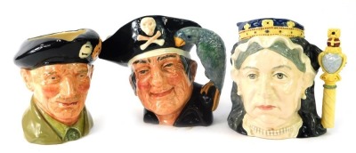 Three large Royal Doulton character jugs, comprising Long John Silver D6335, Monty D6202, and Queen Victoria D6788.