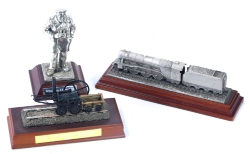 Three Fine Art miniatures, comprising a Royal Hampshire Flying Scotsman model, boxed, an English miniatures Winston Churchill, and a Lilliput Lane Penny Down Locomotive 1804, boxed. (3)