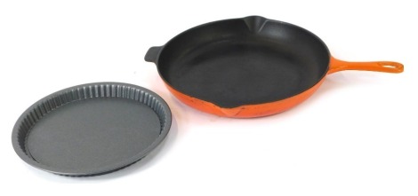 A Le Crueset saute pan, 31cm diameter, and a flan dish. (2)