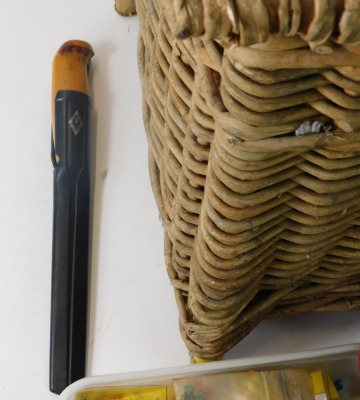 A wicker fishing seat, various nylon rods, weights and accessories, and a cased set of binoculars. (a quantity) - 5