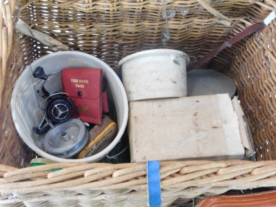 A wicker fishing seat, various nylon rods, weights and accessories, and a cased set of binoculars. (a quantity) - 6