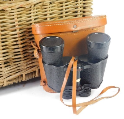 A wicker fishing seat, various nylon rods, weights and accessories, and a cased set of binoculars. (a quantity) - 7