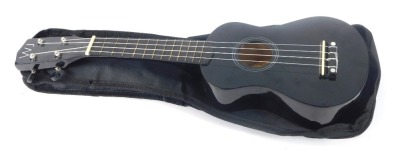 A W J Music ukulele, bearing label Model WJ-UK-BK, in black, with material carry case, 54cm high.