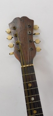 A mandolin, striped ebony casing with bone tuning keys, and tortoiseshell applied crest, in material travel case, 61cm high. - 3