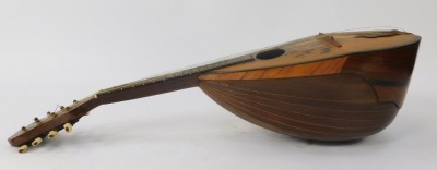 A mandolin, striped ebony casing with bone tuning keys, and tortoiseshell applied crest, in material travel case, 61cm high. - 5