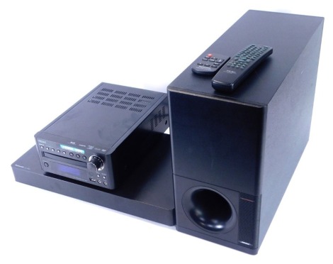 A Panasonic SC-HTE80 surround sound box, a Bose Acoustimass 5 series III speaker and a Teac DVD receiver. (3)