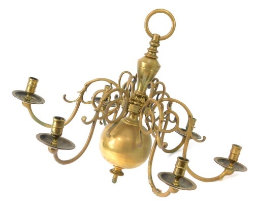 A brass six branch hanging chandelier, 45cm high.