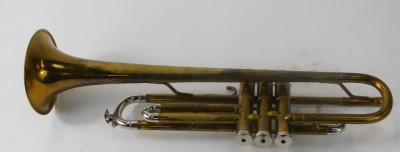 A Boosey & Hawkes brass trumpet, two mouth pieces and a mute, in travel case. - 3