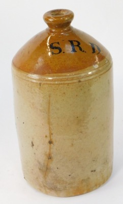 A 20thC stoneware bottle, dark and brown top, bearing initials SRD, 33cm high.