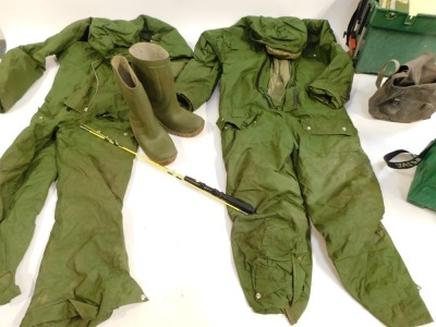 A group of fishing tackle and equipment, fishing seat, wellington boots, overalls, etc. (quantity) - 2