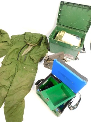 A group of fishing tackle and equipment, fishing seat, wellington boots, overalls, etc. (quantity) - 3