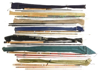 Various fishing rods enclosed in a Shakespeare rod bag, comprising of an Apollo steel rod, Shakespeare 1835 rod, split cane fishing rods and a multi-fibre Texas Colmics etc. (1 bag)