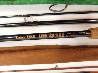 Various fishing rods enclosed in a Shakespeare rod bag, comprising of an Apollo steel rod, Shakespeare 1835 rod, split cane fishing rods and a multi-fibre Texas Colmics etc. (1 bag) - 9