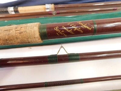 Various fishing rods enclosed in a Shakespeare rod bag, comprising of an Apollo steel rod, Shakespeare 1835 rod, split cane fishing rods and a multi-fibre Texas Colmics etc. (1 bag) - 11