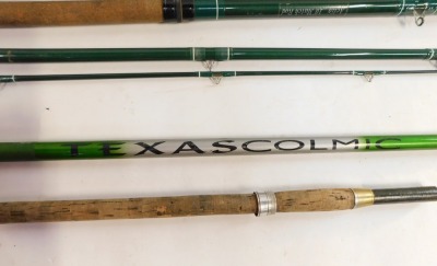 Various fishing rods enclosed in a Shakespeare rod bag, comprising of an Apollo steel rod, Shakespeare 1835 rod, split cane fishing rods and a multi-fibre Texas Colmics etc. (1 bag) - 14