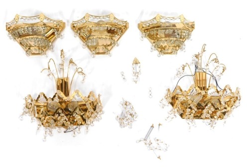 Six various gilt and crystal wall mounted hanging lights, and various bulbs.