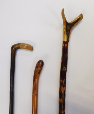 Three walking sticks, comprising a horn handled hiking stick, 133cm long, and two turned examples. (3)