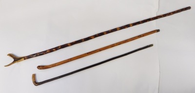 Three walking sticks, comprising a horn handled hiking stick, 133cm long, and two turned examples. (3) - 2